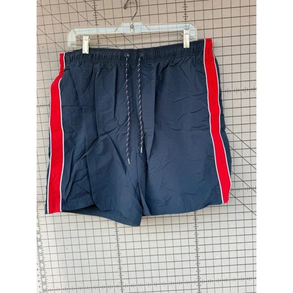 C&B Mens Swim Trunks Navy Blue Red Side Stripe Large